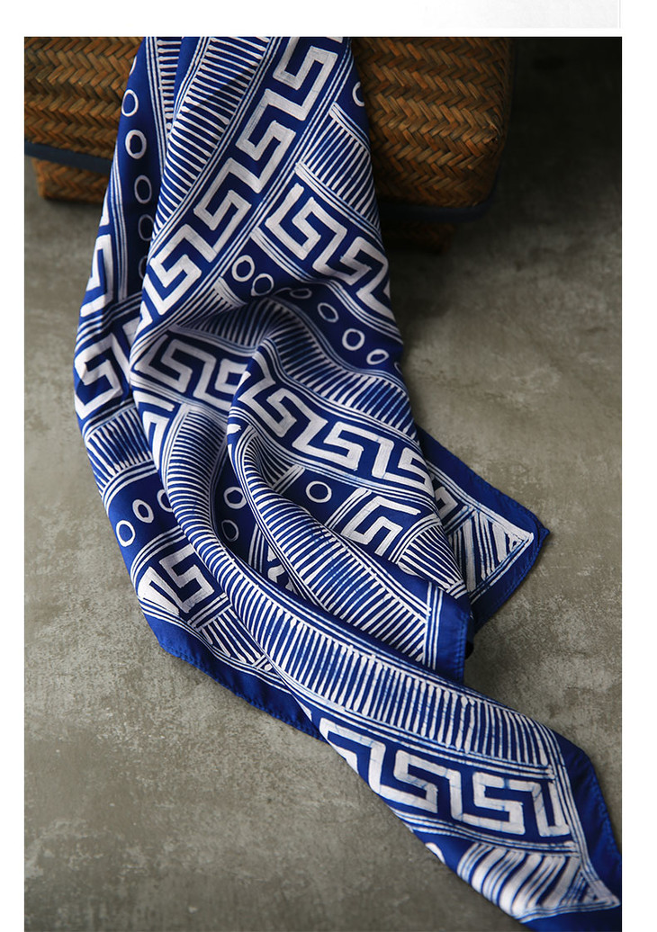 藍染真絲方巾 植物染絲棉混紡長圍巾